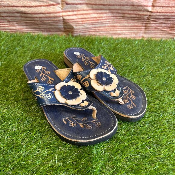 Women's Genuine Leather Blue Sandals with Flower Details Handmade in Mexico - Picture 3 of 6